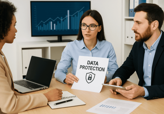 Protección de datos empresas con consultores trabajando en oficina