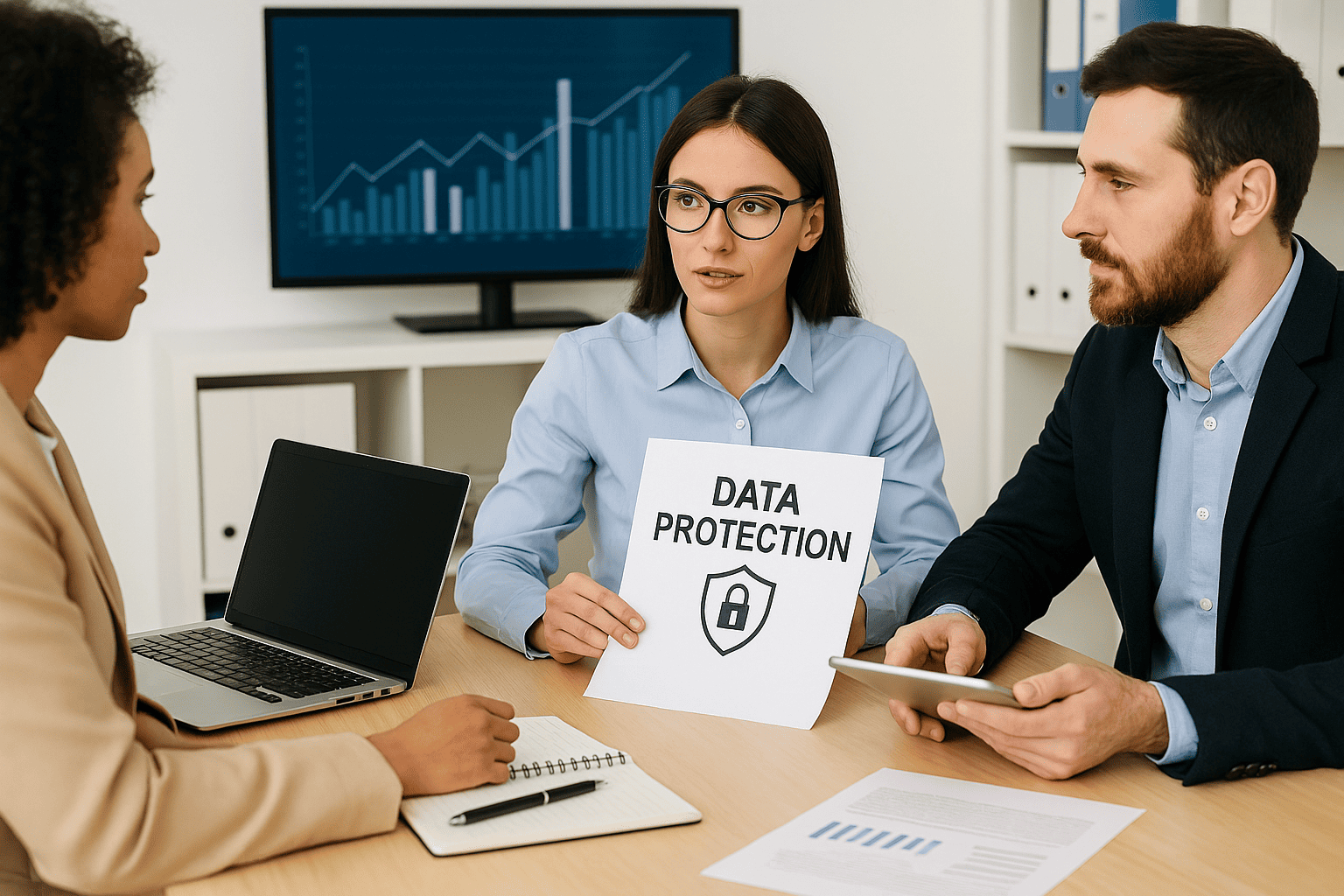 Protección de datos empresas con consultores trabajando en oficina