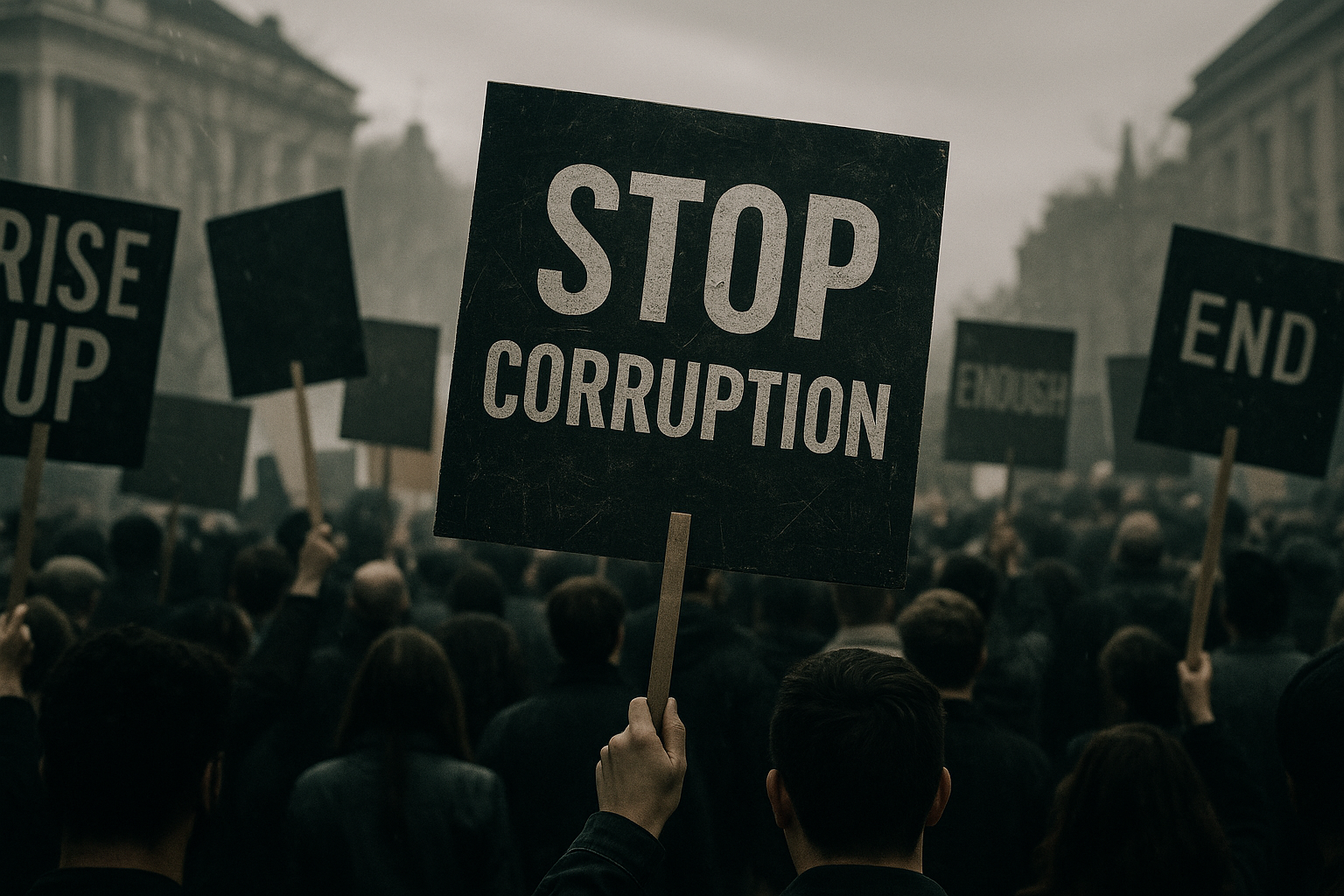 Global protests against corruption with crowd holding Stop Corruption signs