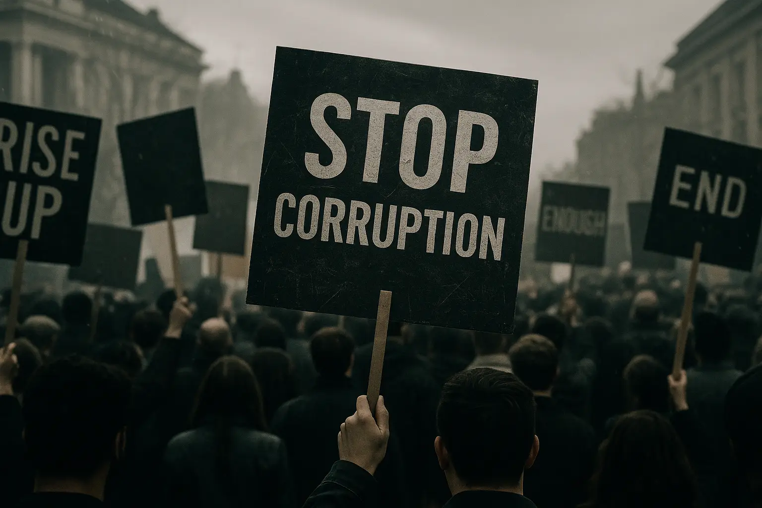 Global protests against corruption with crowd holding Stop Corruption signs