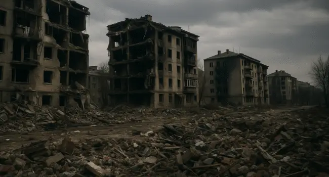 Western delays in Ukraine aid - ruins of Ukrainian city