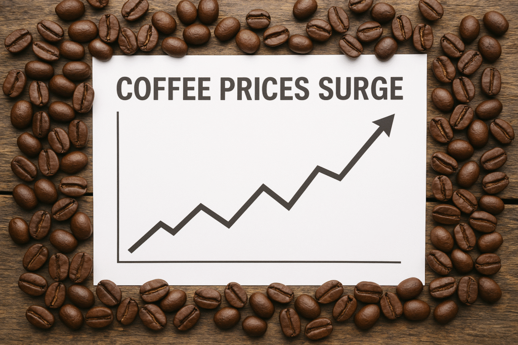 coffee prices surge chart with rising trend and coffee beans