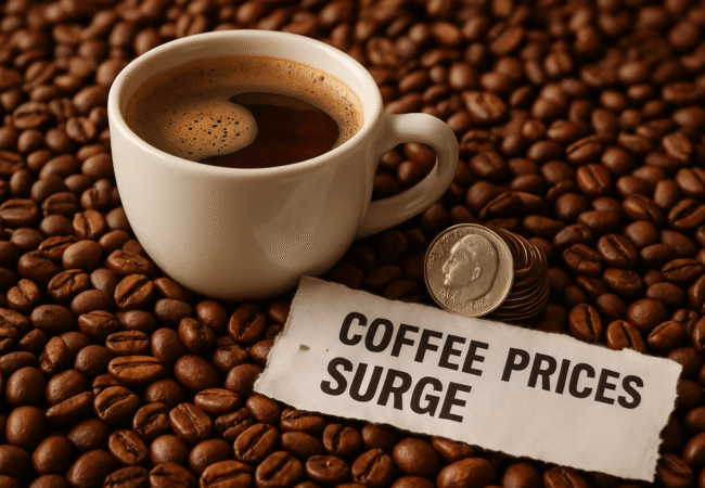 coffee prices surge chart with rising trend and coffee beans