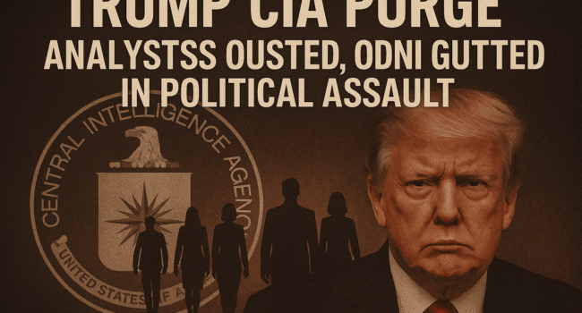 Trump CIA purge — CIA emblem shattered, dismissed analysts in shadows, symbol of political assault.