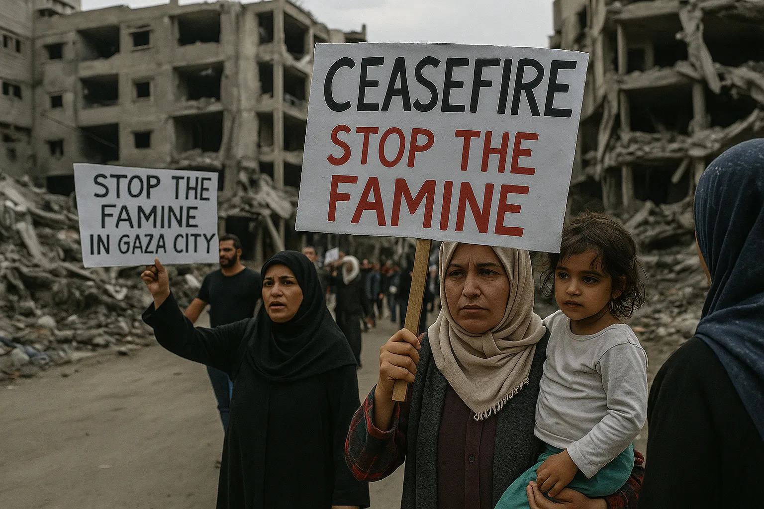 Gaza famine genocide protest demanding ceasefire and food aid