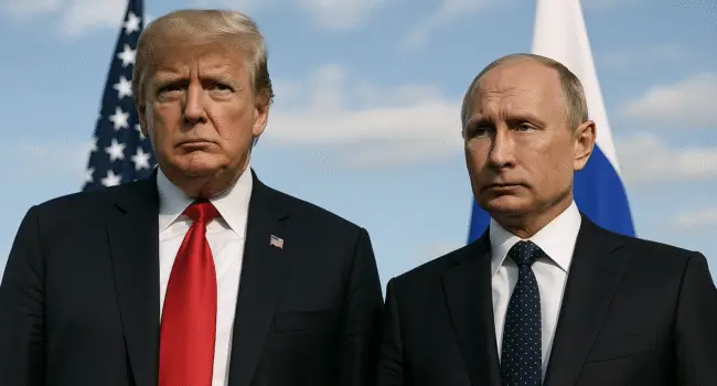 Donald Trump and Vladimir Putin standing side by side during the Alaska meeting, symbolizing tense U.S.–Russia relations and implications for Ukraine