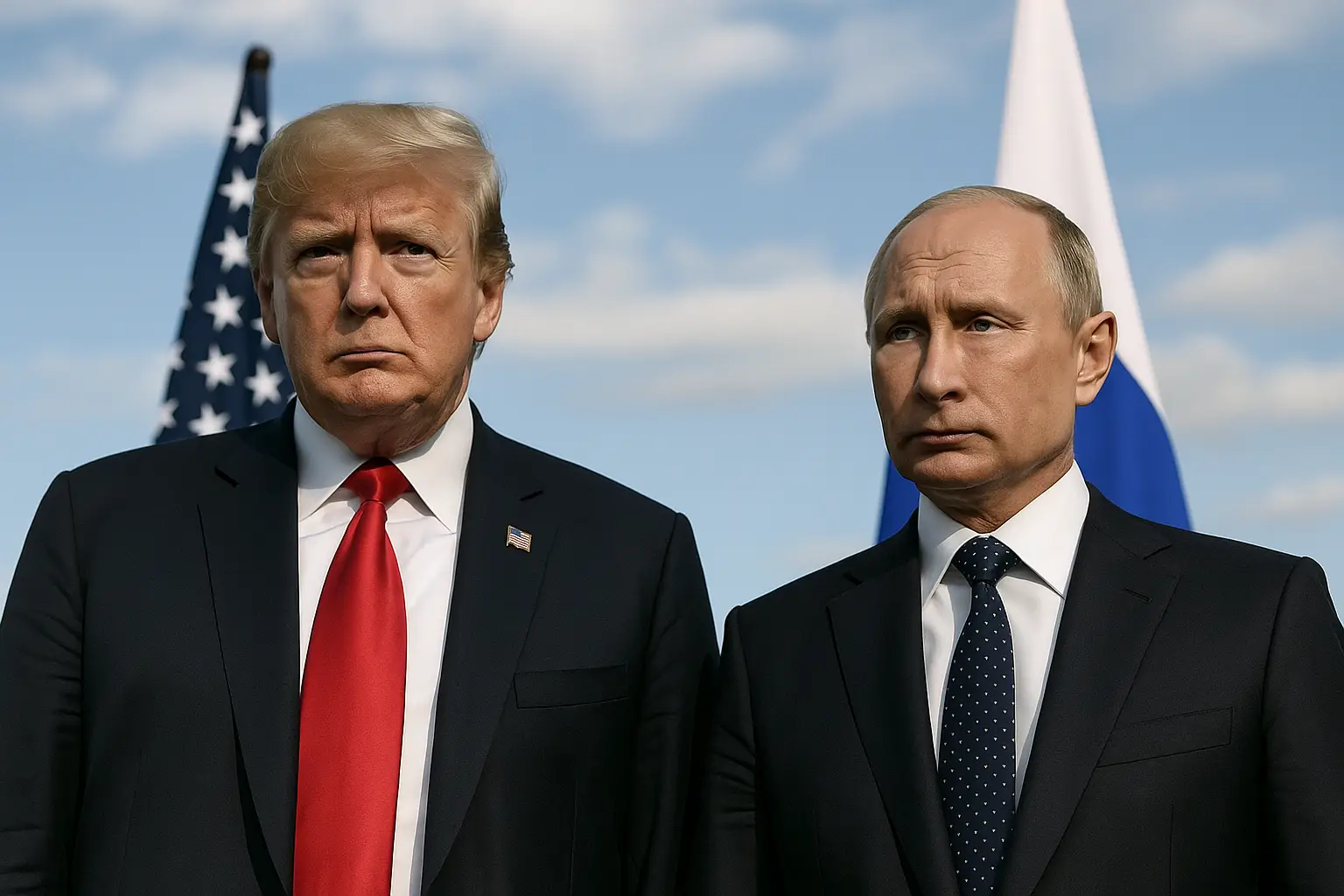 Donald Trump and Vladimir Putin standing side by side during the Alaska meeting, symbolizing tense U.S.–Russia relations and implications for Ukraine