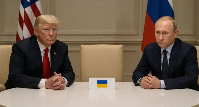 Donald Trump and Vladimir Putin at a negotiation table with an empty seat for Ukraine, symbolizing exclusion from talks