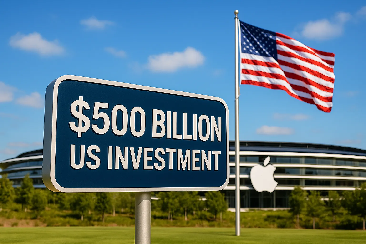 Apple US investment $500 billion with American flag at Apple Park