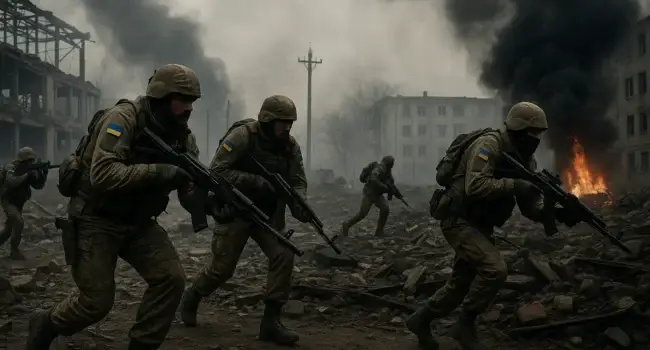 Ukrainian soldiers advancing through destroyed Pokrovsk under heavy smoke during the 2025 battle