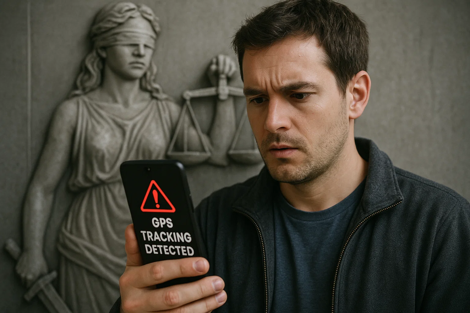 герой-зображення (фотореалізм: людина дивиться на смартфон із попередженням GPS Tracking Detected, фон із символом Феміди)