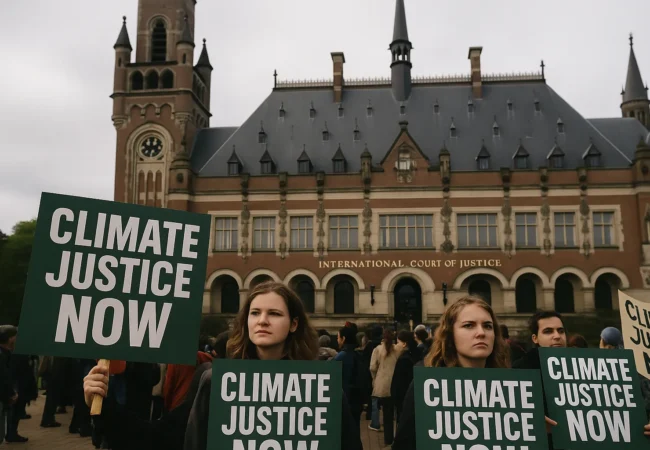 ICJ climate ruling protest in The Hague demanding climate justice