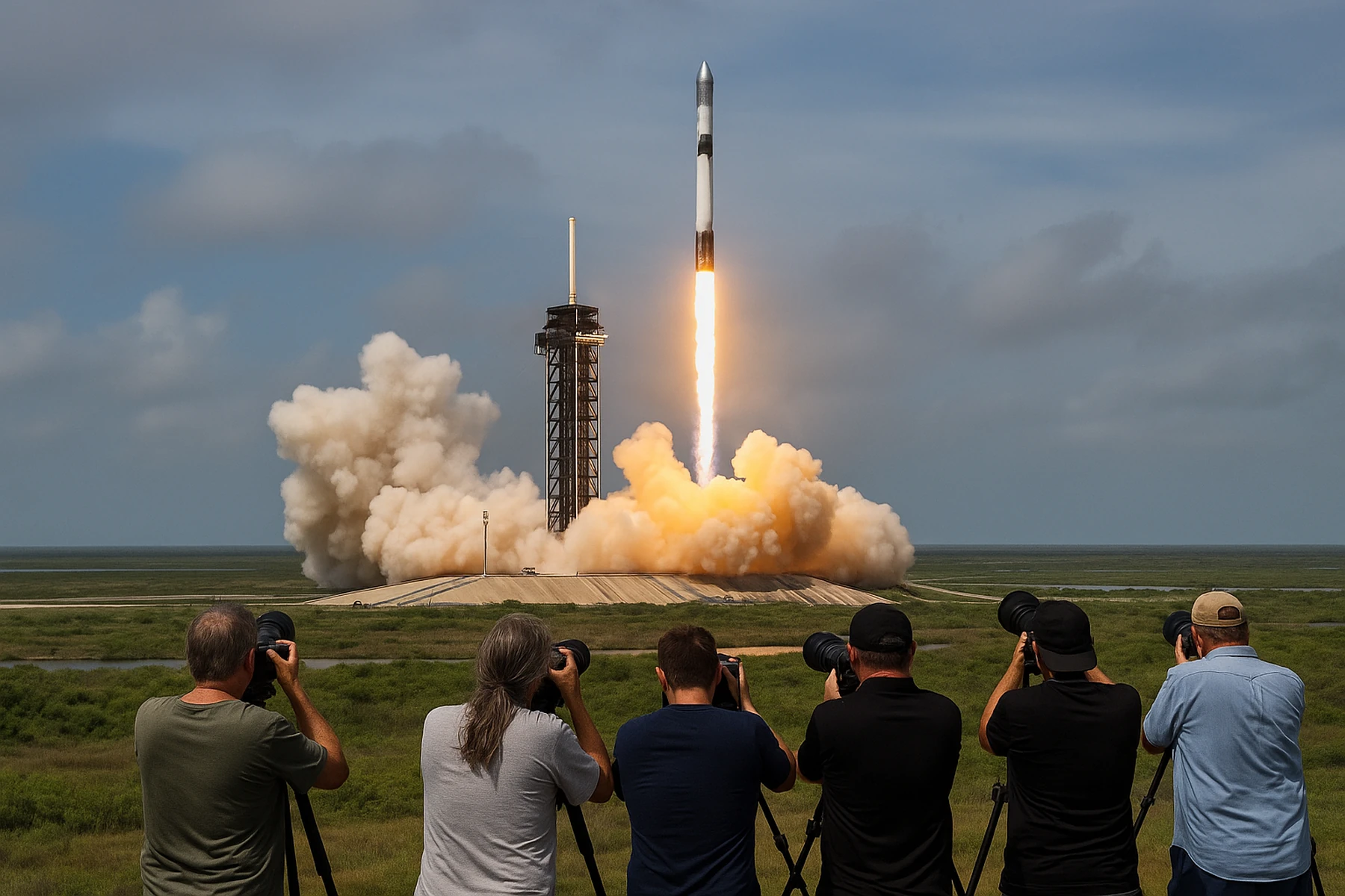 Starship successful mission — close-up of rocket lift-off with flames and smoke