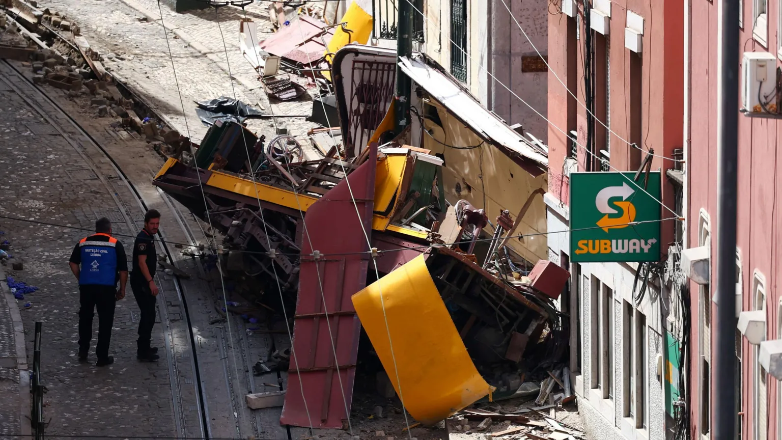 funicular crash lisbon showing damaged carriage and rescue response