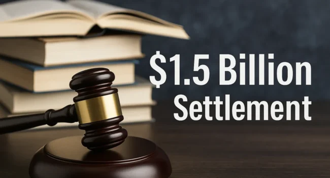 A judge’s gavel with stacked books in the background, symbolizing Anthropic’s $1.5 billion settlement over book piracy claims.