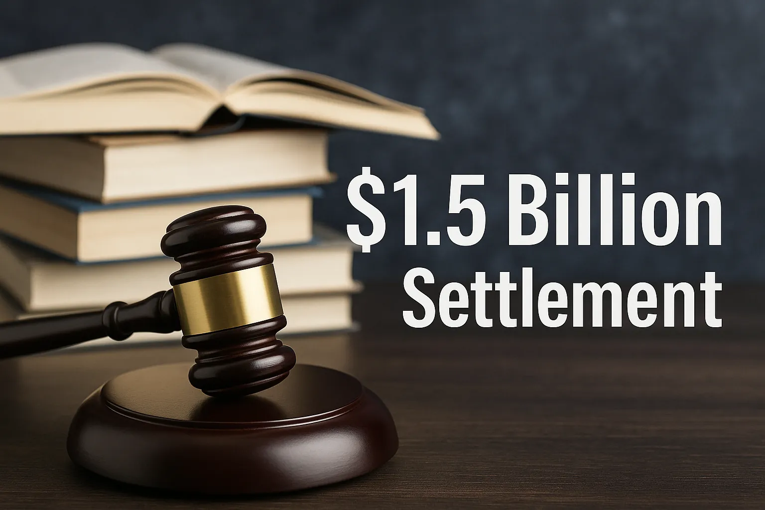 A judge’s gavel with stacked books in the background, symbolizing Anthropic’s $1.5 billion settlement over book piracy claims.