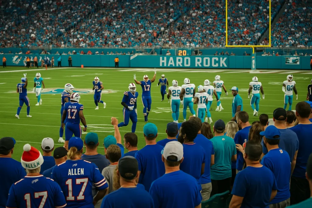 Buffalo vs Miami rivalry with fans and players clashing at Hard Rock Stadium