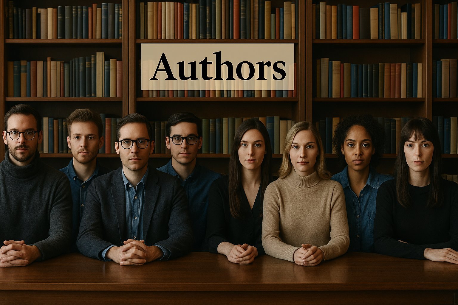 A group of diverse authors seated in a vintage study, symbolizing independent journalism and critical thought.