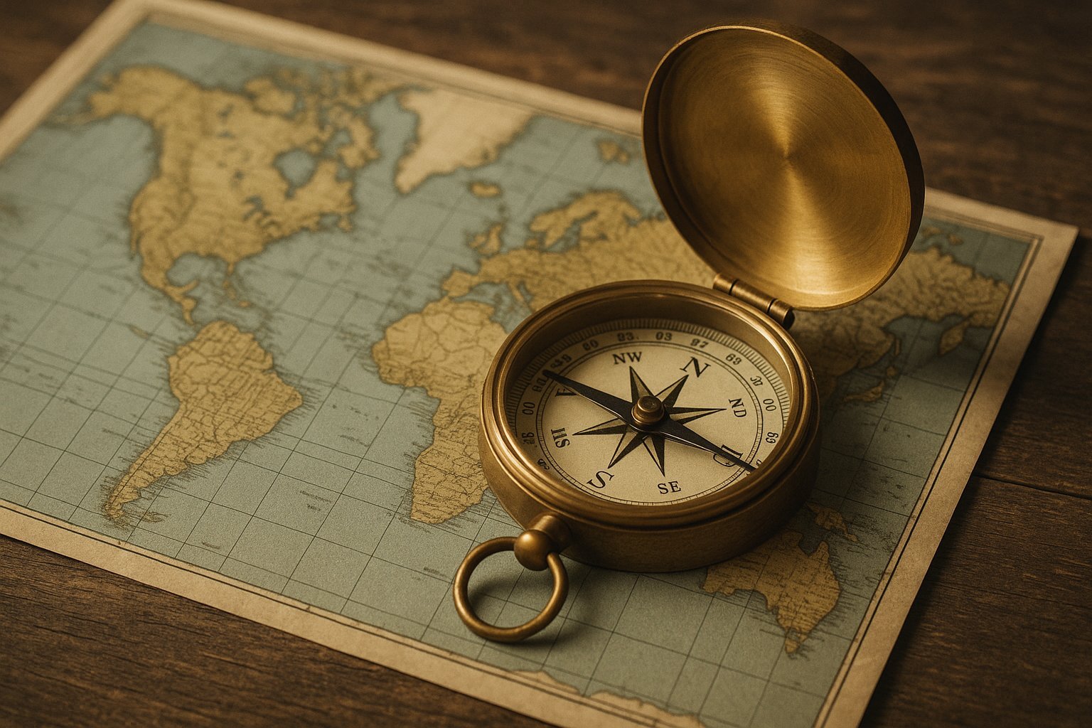 Vintage brass compass on an old map — symbolizing direction, analysis, and global awareness.