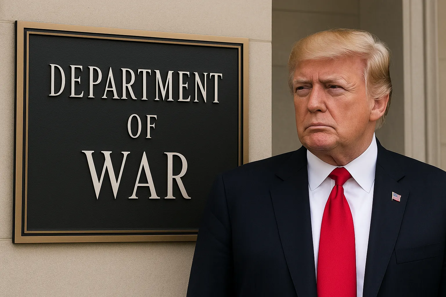 Donald Trump stands beside a sign reading “Department of War,” symbolizing his executive order rebranding the Pentagon.