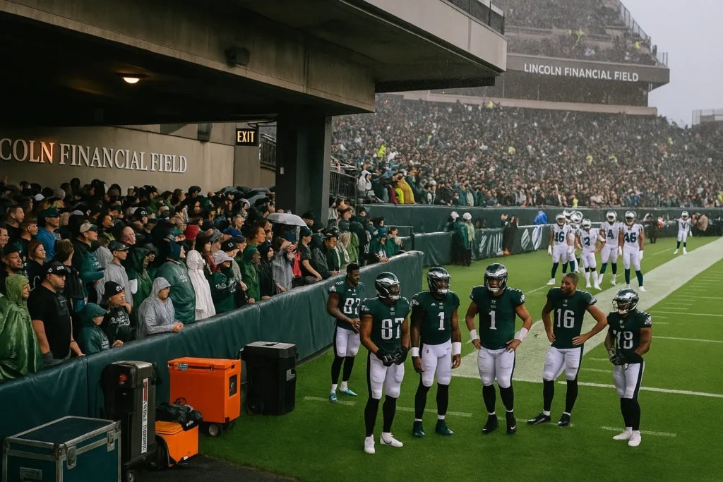Players from the Philadelphia Eagles wait on the sideline during a weather delay against the Cowboys as fans crowd under cover at Lincoln Financial Field