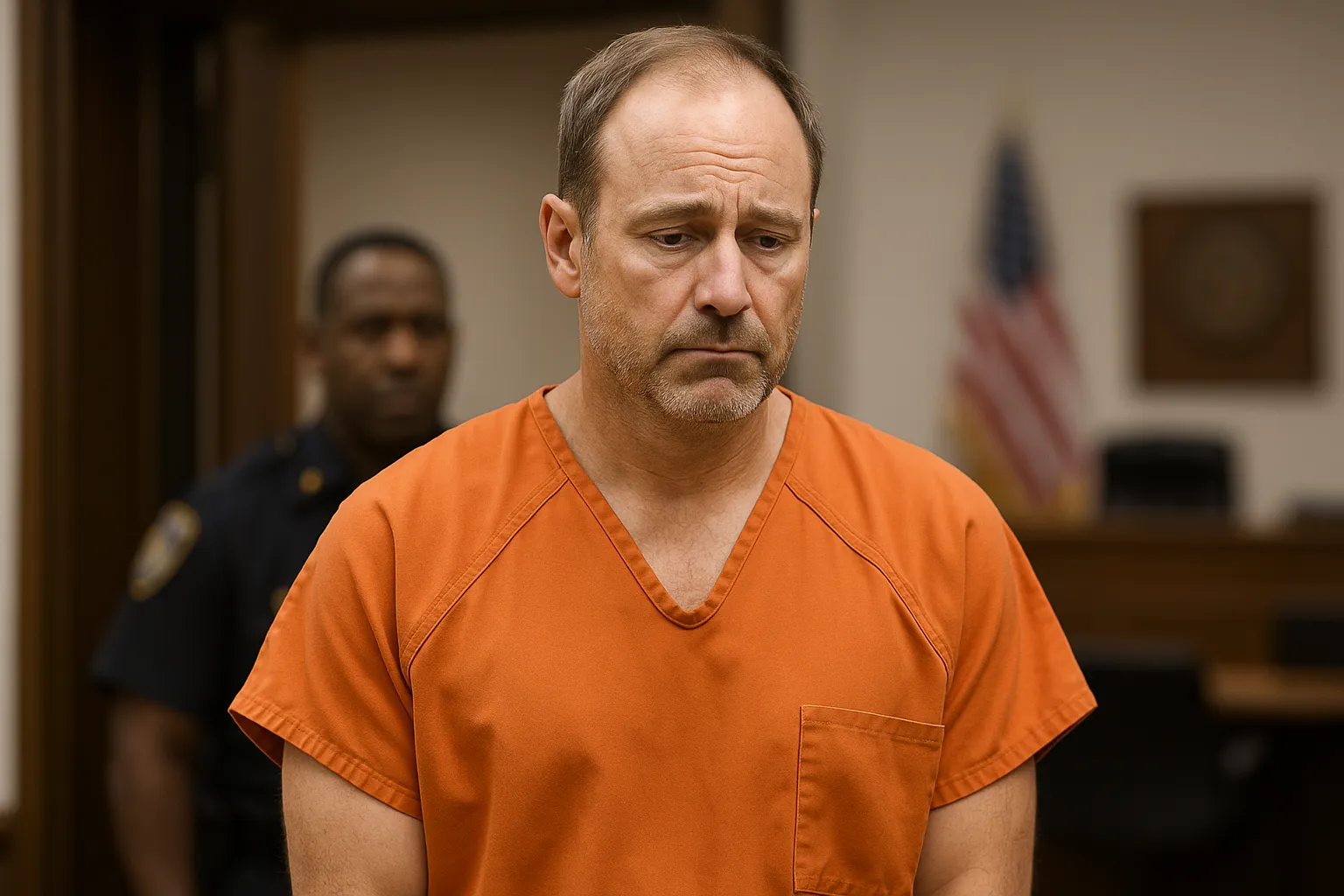 Ex-pilot in orange prison uniform standing solemnly in courtroom after guilty plea, symbolizing aviation safety concerns and pilot accountability