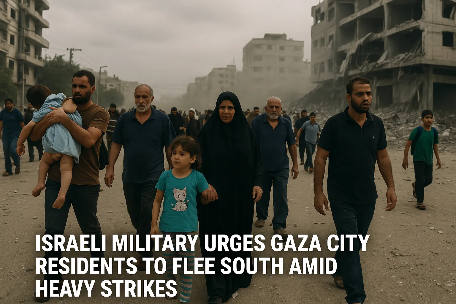 Displaced Gaza City residents walk through ruined streets carrying children and belongings after Israeli military urged them to flee south.
