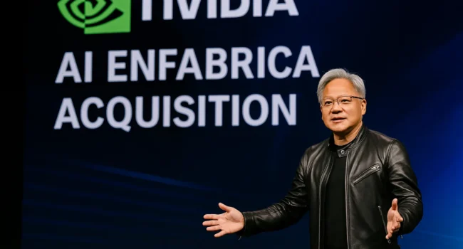 Nvidia Enfabrica acquisition with CEO Jensen Huang presenting at AI event
