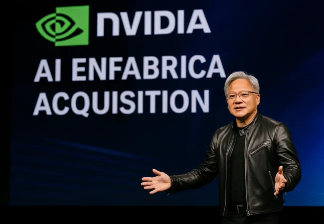 Nvidia Enfabrica acquisition with CEO Jensen Huang presenting at AI event