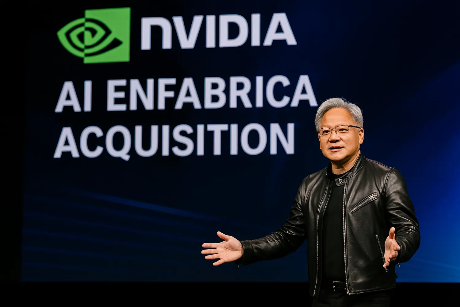 Nvidia Enfabrica acquisition with CEO Jensen Huang presenting at AI event
