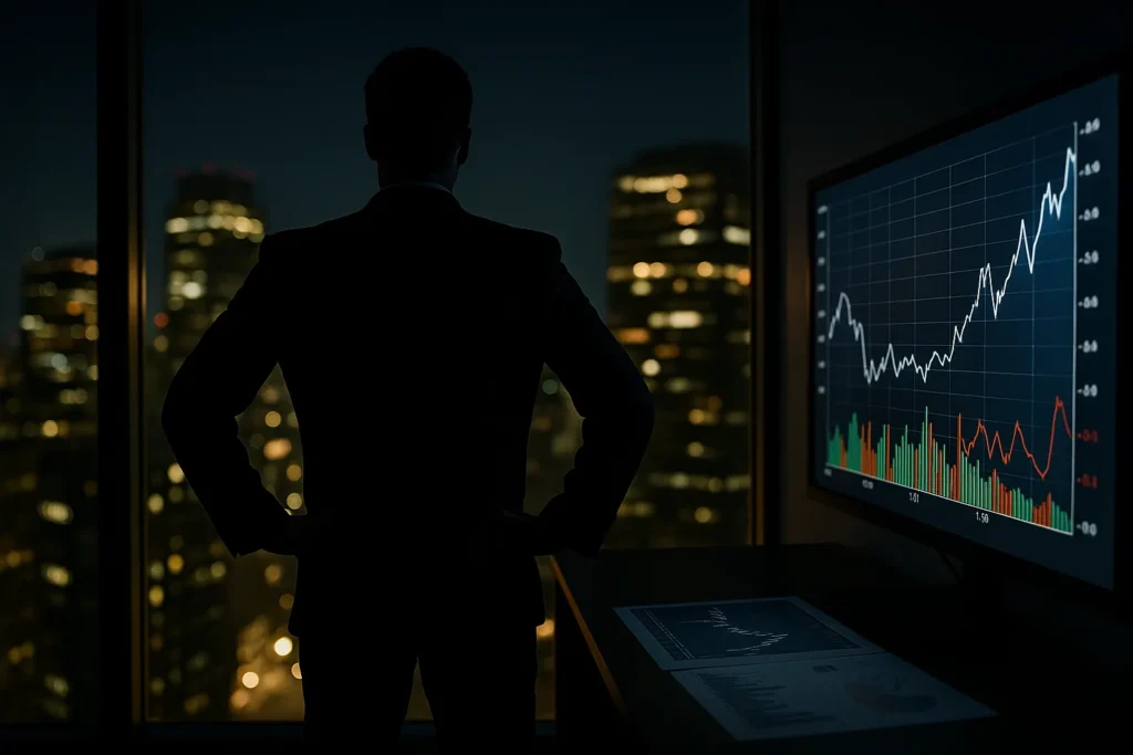OnlyFans profit strategy symbolized by businessman silhouette and financial charts