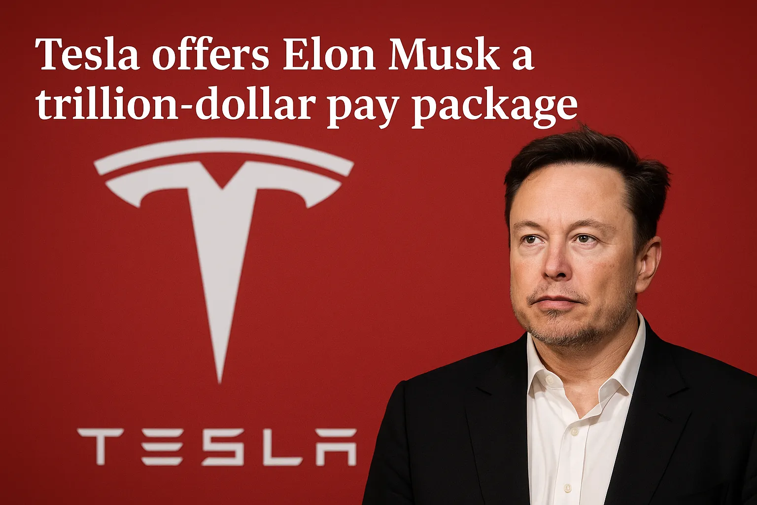 Elon Musk stands in front of a Tesla logo as the company announces a trillion-dollar pay package, sparking global controversy.