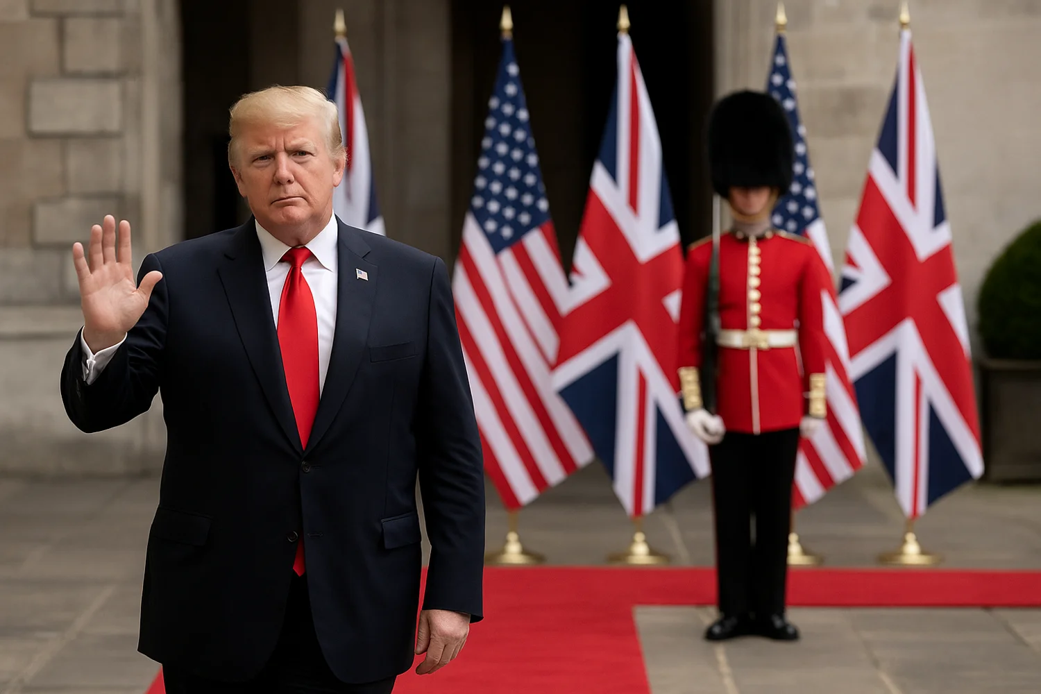 Trump approval bump after UK state visit with Union Jack flags and royal guard