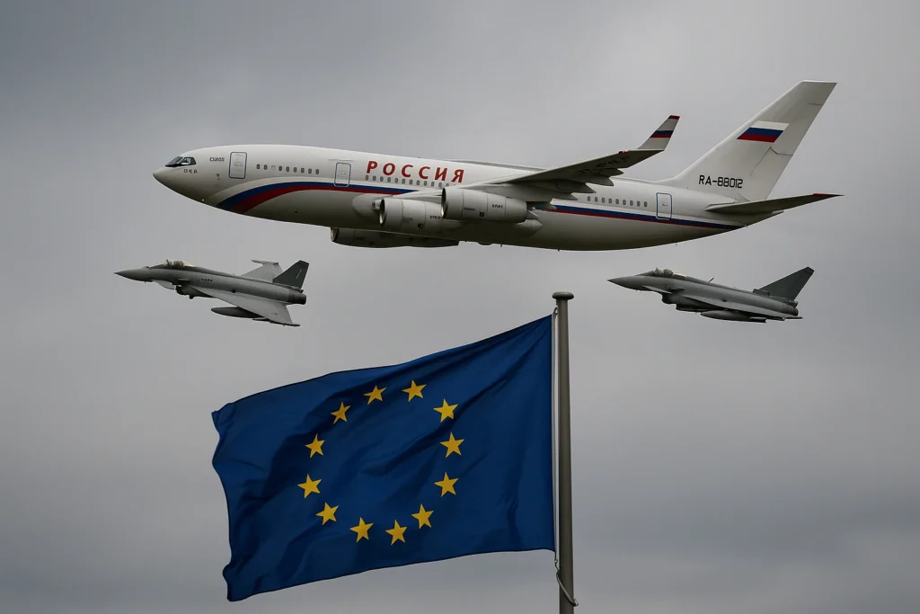 Europe international law betrayal showing Russian plane escorted by fighter jets over EU flag