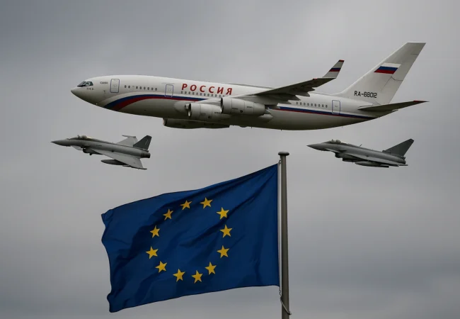 Europe international law betrayal showing Russian plane escorted by fighter jets over EU flag