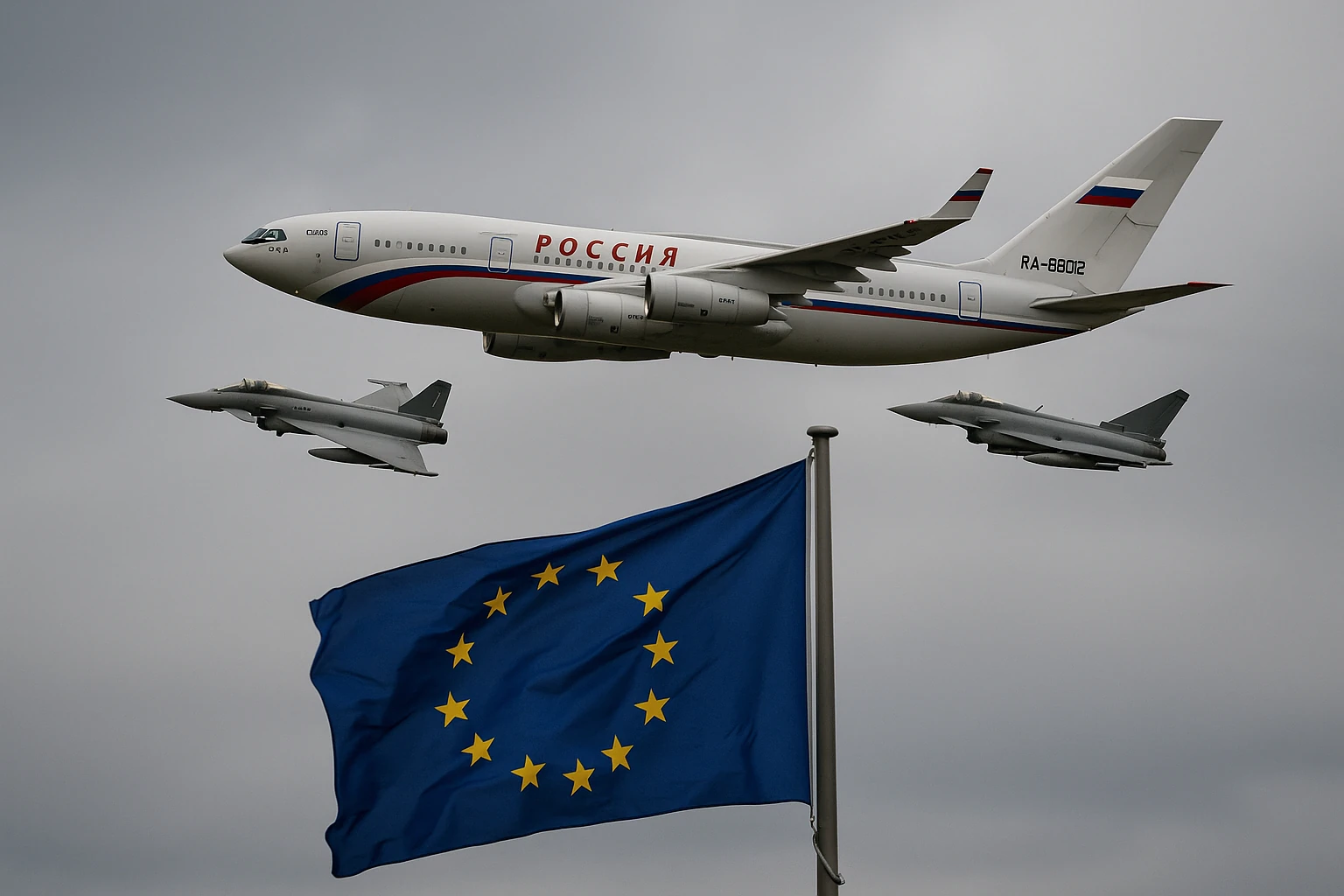 Europe international law betrayal showing Russian plane escorted by fighter jets over EU flag