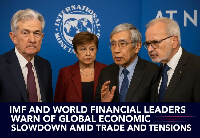 IMF global economic slowdown — world financial leaders warn of declining growth amid trade tensions and political instability.