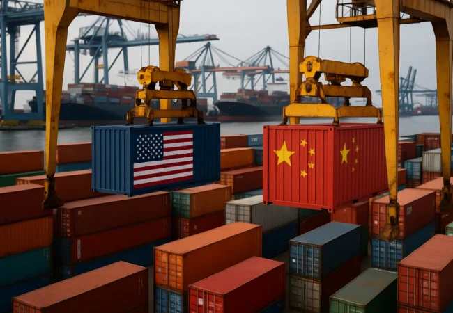 Trump China trade war global crossfire — US and China shipping containers symbolize escalating tariffs and global economic tension.