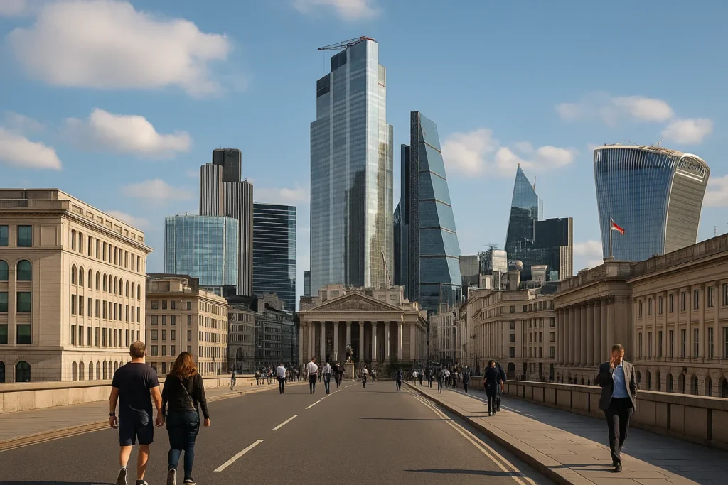 UK economy improvement in London’s financial district with workers and modern skyscrapers symbolizing recovery