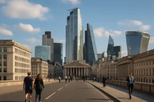 UK economy improvement in London’s financial district with workers and modern skyscrapers symbolizing recovery