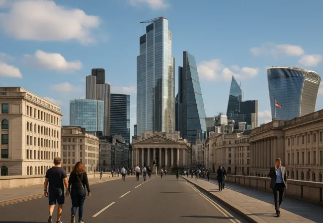 UK economy improvement in London’s financial district with workers and modern skyscrapers symbolizing recovery