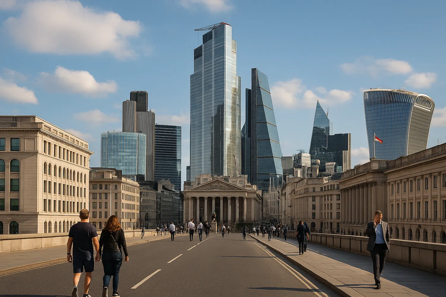 UK economy improvement in London’s financial district with workers and modern skyscrapers symbolizing recovery